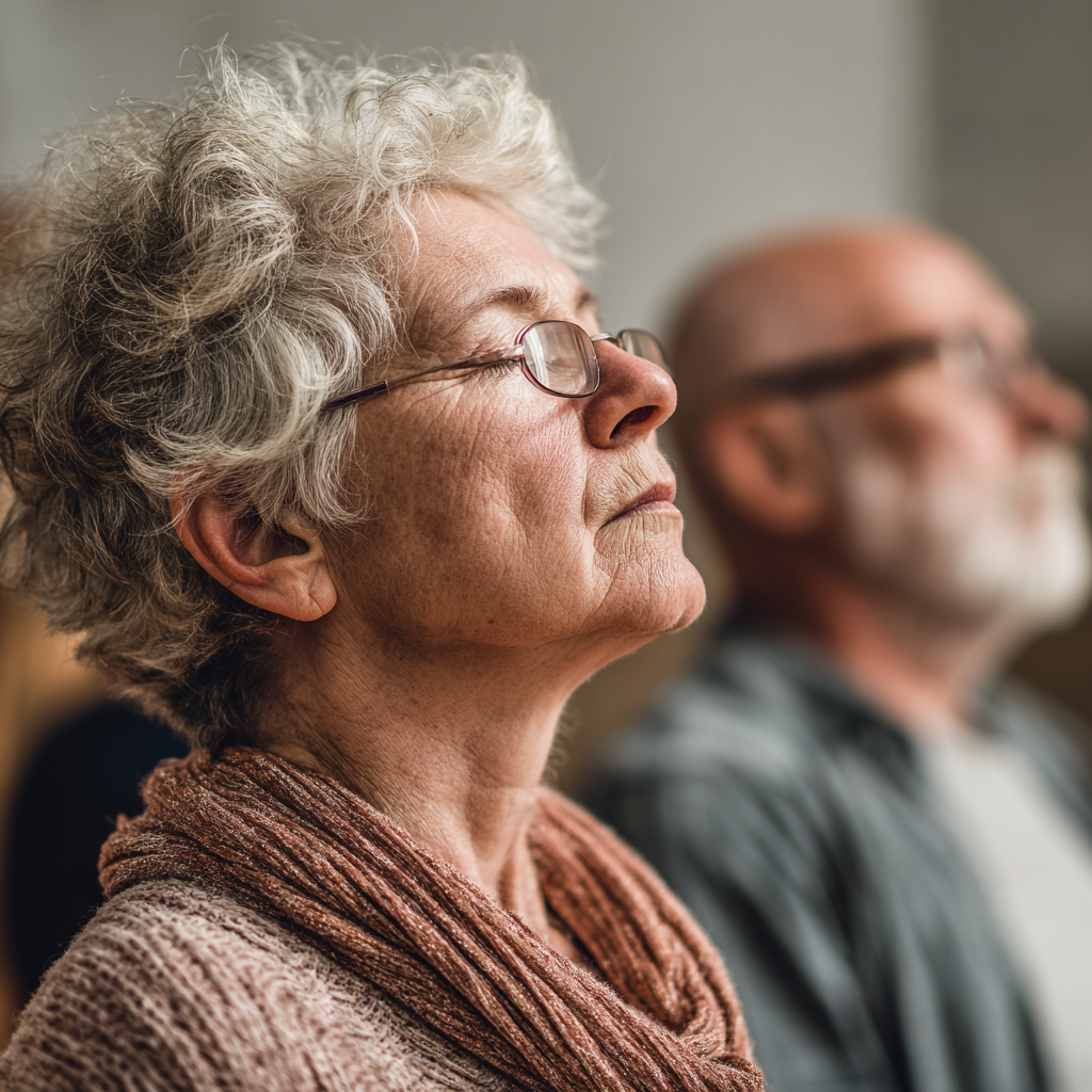 Older adults practicing mindful breathing exercises in peaceful setting